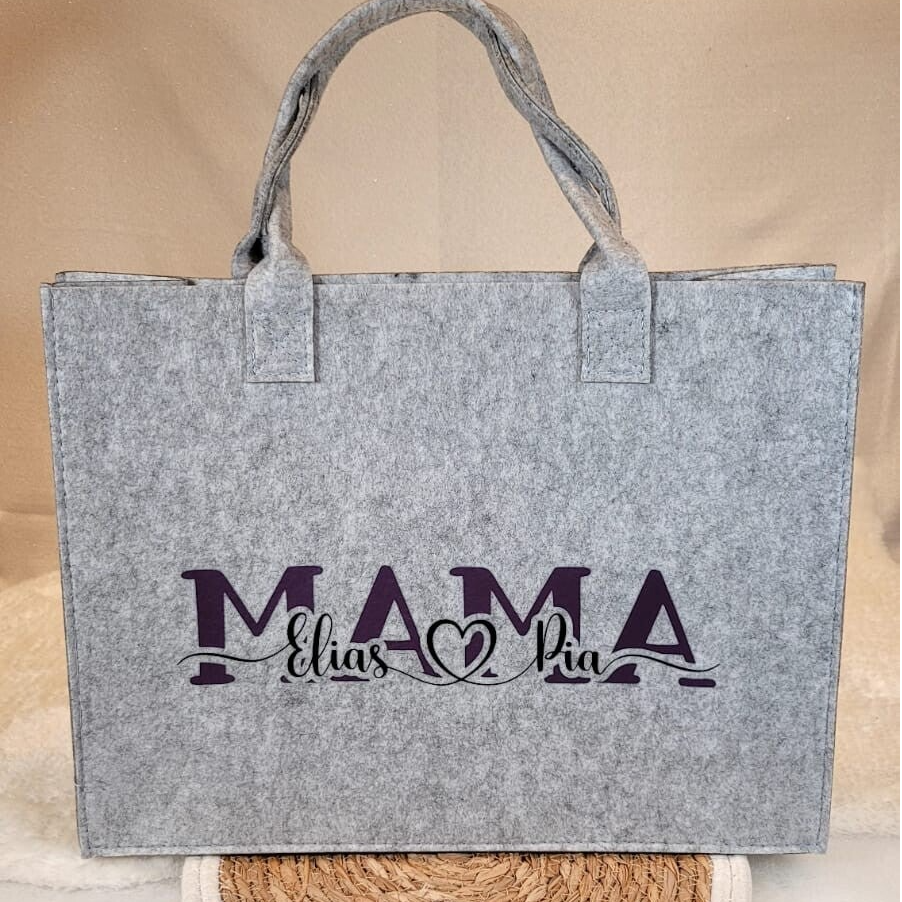 Personalisierte Filztasche „Mama“ | Hellgrau | mit Kindernamen & Herz | Große Einkaufstasche 30x40x7 cm | Geschenk zum Muttertag 💕