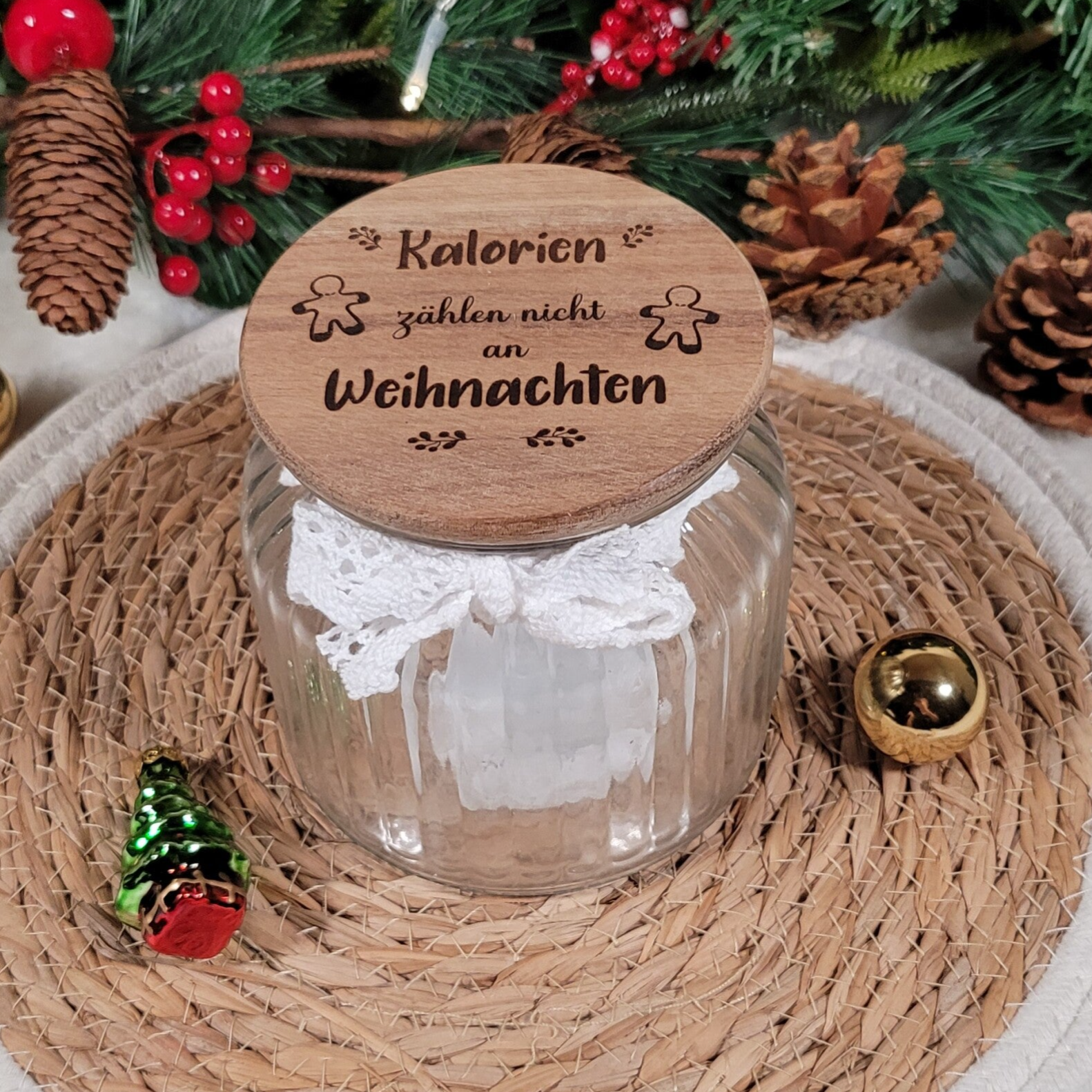 🎄 Witziges Vorratsglas/Keksdose mit Gravur – Weihnachtsgeschenk für Kekse, Süßes & mehr 🎁 - "Keine Kalorien"