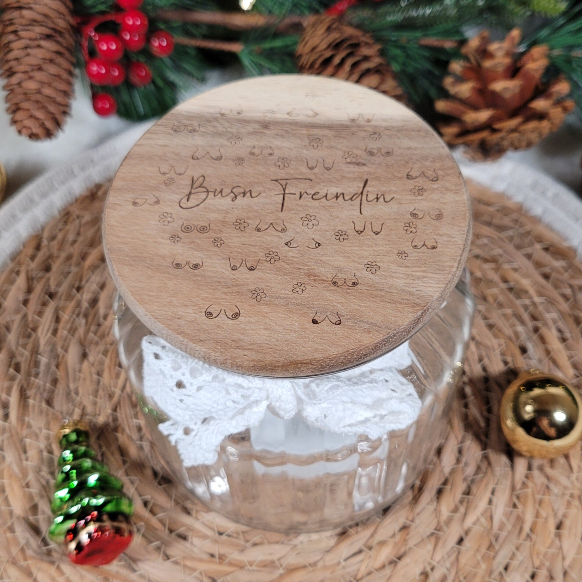 🎄 Witziges Vorratsglas/Keksdose mit Gravur – Weihnachtsgeschenk für Kekse, Süßes & mehr 🎁 - "Busn Freindin"
