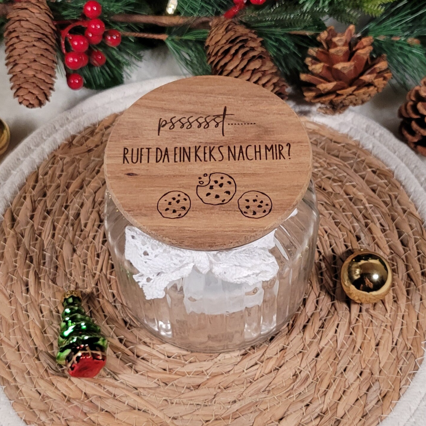 🎄 Witziges Vorratsglas/Keksdose mit Gravur – Weihnachtsgeschenk für Kekse, Süßes & mehr 🎁 - "Oh, ruft da ein Keks nach mir?"