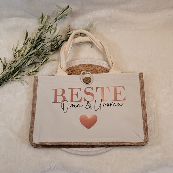 Tasche „Beste Oma & Uroma“ | Filz oder Jute | Geschenk zum Muttertag, Geburtstag oder zur Geburt | Kleine Einkaufstasche 20x30x5 cm