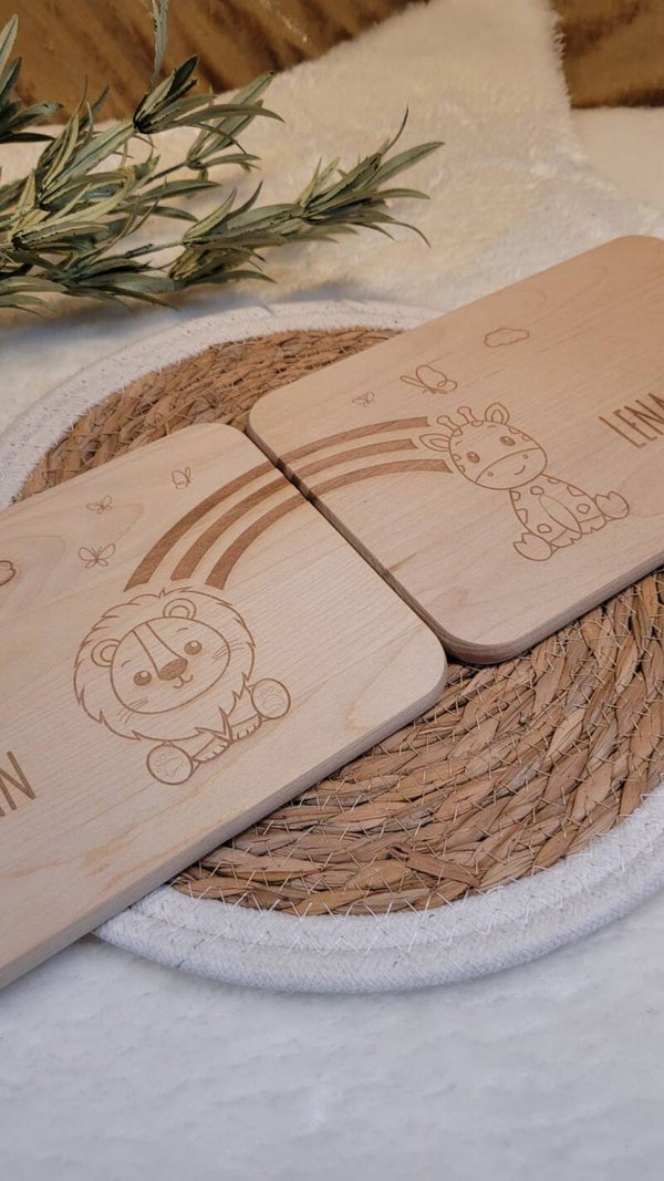 Personalisierte Geschwister-Frühstücksbrettchen – Frühstücksbrett aus Birke oder Bambus mit Namen 🌈☀️ Perfektes Geschenk für Drillinge und Geschwister!