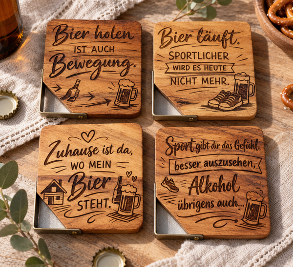 Bier Untersetzer aus Akazienholz – 4er Set mit lustigen Sprüchen | Männergeschenk
