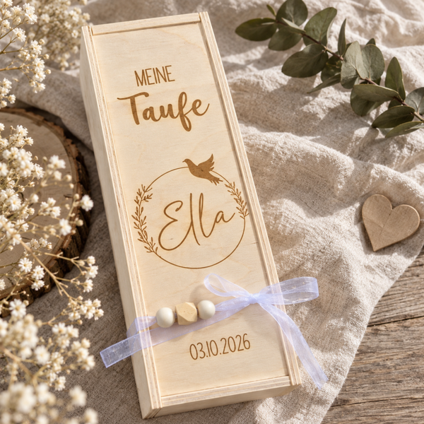 Personalisierte Taufkerzenbox aus Holz  Motiv Blumenkranz Aufbewahrungsbox mit Namen & Taufdatum