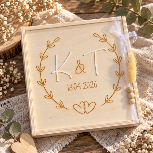 Personalisierte Erinnerungsbox aus Holz – Hochzeitsschatzkiste mit Namen & Datum – stilvolle Aufbewahrung deiner Erinnerungen & Karten 💍✨
