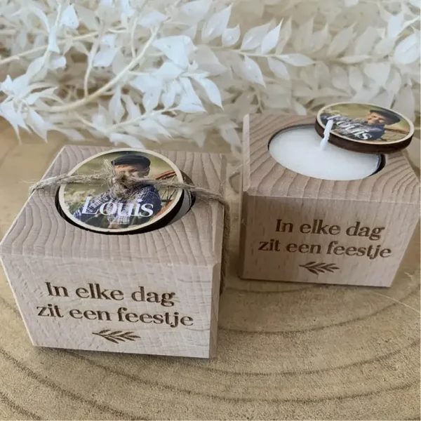 Houten theelicht met foto en quote (5 stuks)