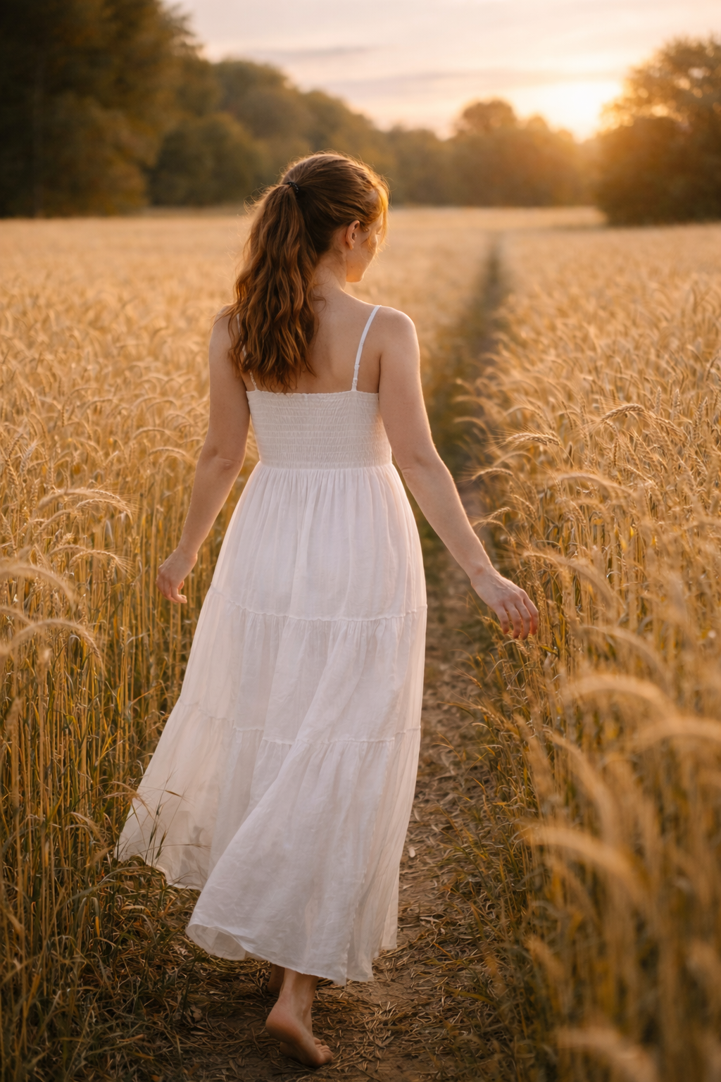 Sabrina geht barfuß durch ein Weizenfeld bei Sonnenuntergang als Symbol für innere Balance, Selbstvertrauen und ganzheitliches Coaching