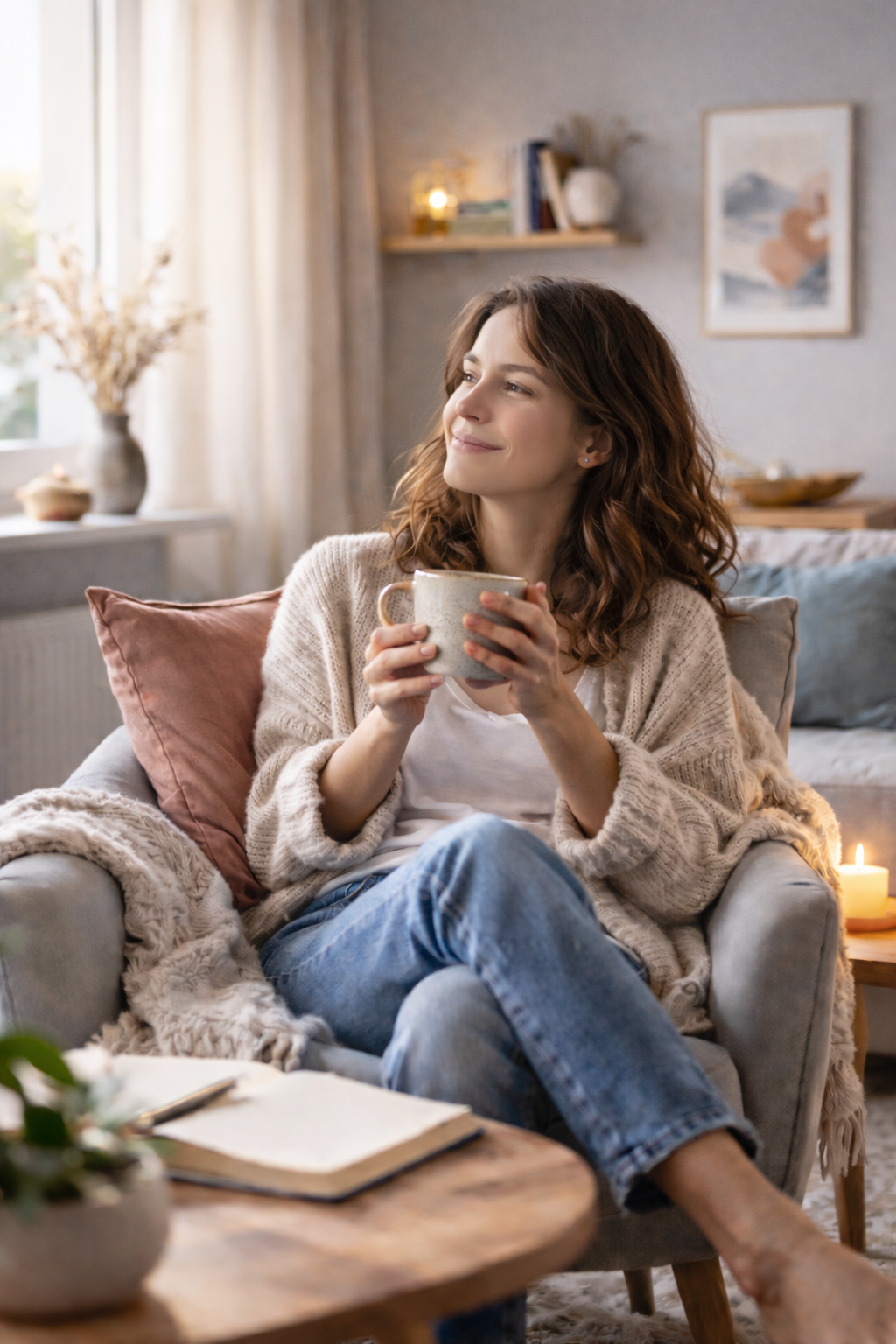 Frau bei entspannter Auszeit mit Tee als Symbol für Stressbewältigung, Achtsamkeit und emotionale Selbstfürsorge im Coaching