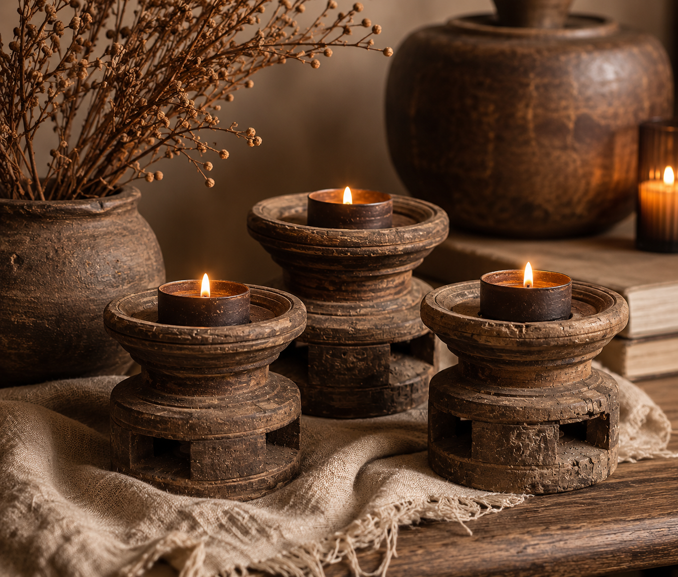 Antieke Indiase Houten Kandelaar ‘Bijni’ – Authentiek Decoratief Object