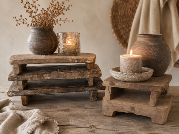 Authentieke Houten Bajot – Oud Houten Decoratiekrukje – Handgemaakt India