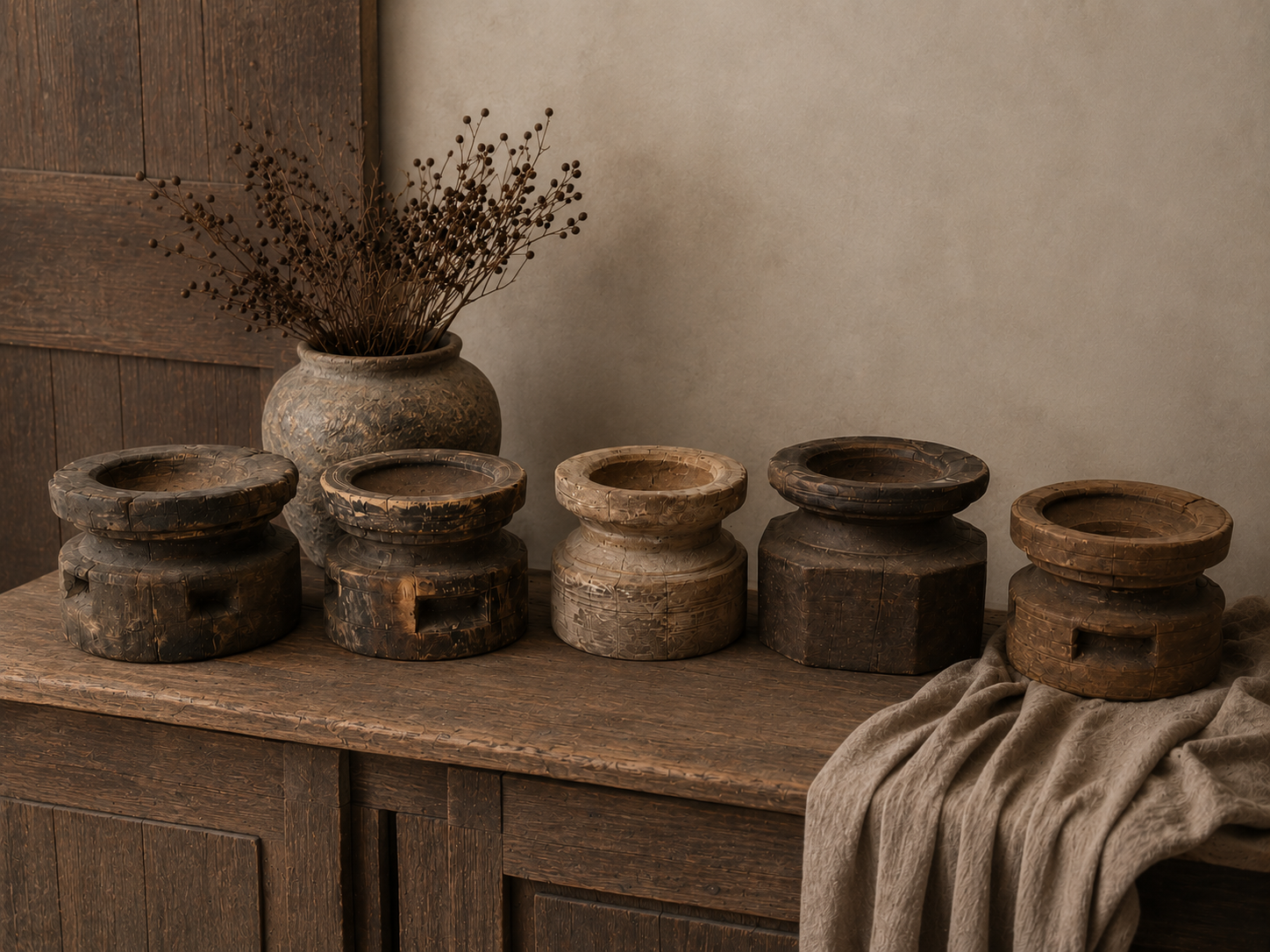 Antieke Indiase Houten Kandelaar ‘Bijni’ – Authentiek Decoratief Object