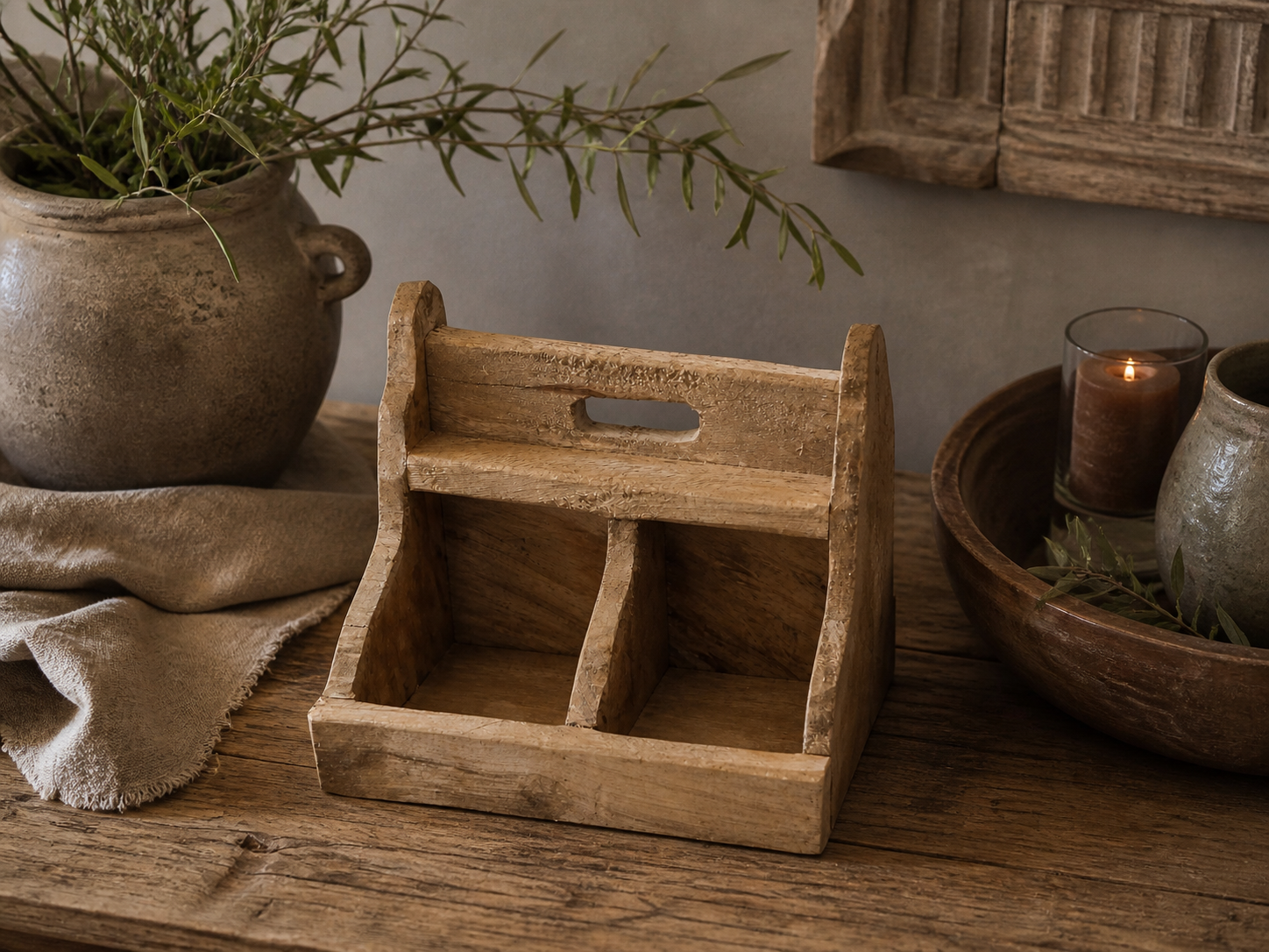 Houten Gruttersbak 24 cm – Oude Houten Bak met Vakken – Uniek Decoratief Opbergbakje