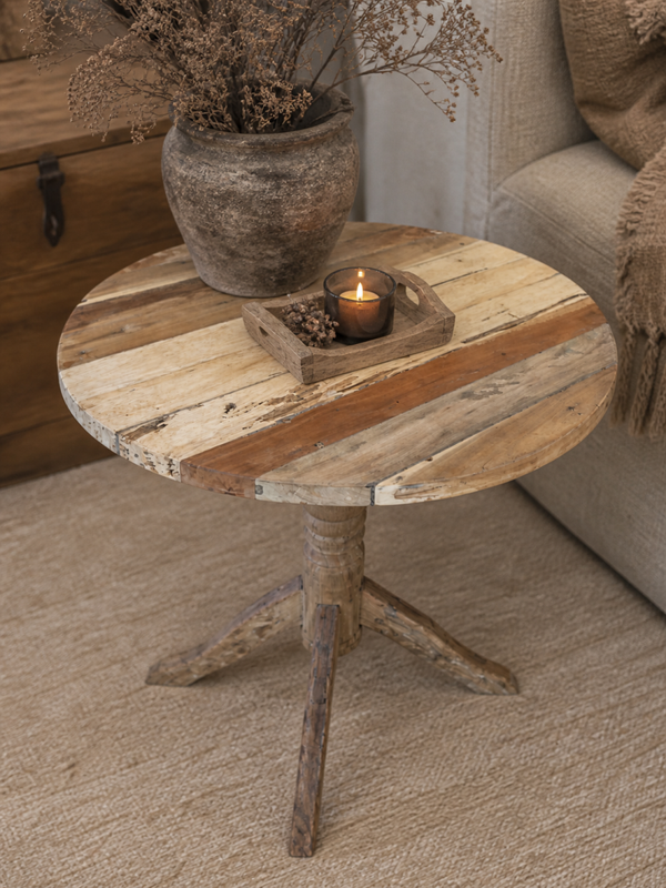 Houten Wijntafel Ø60 cm – Unieke Ronde Bijzettafel – Massief Hout Woonaccessoire