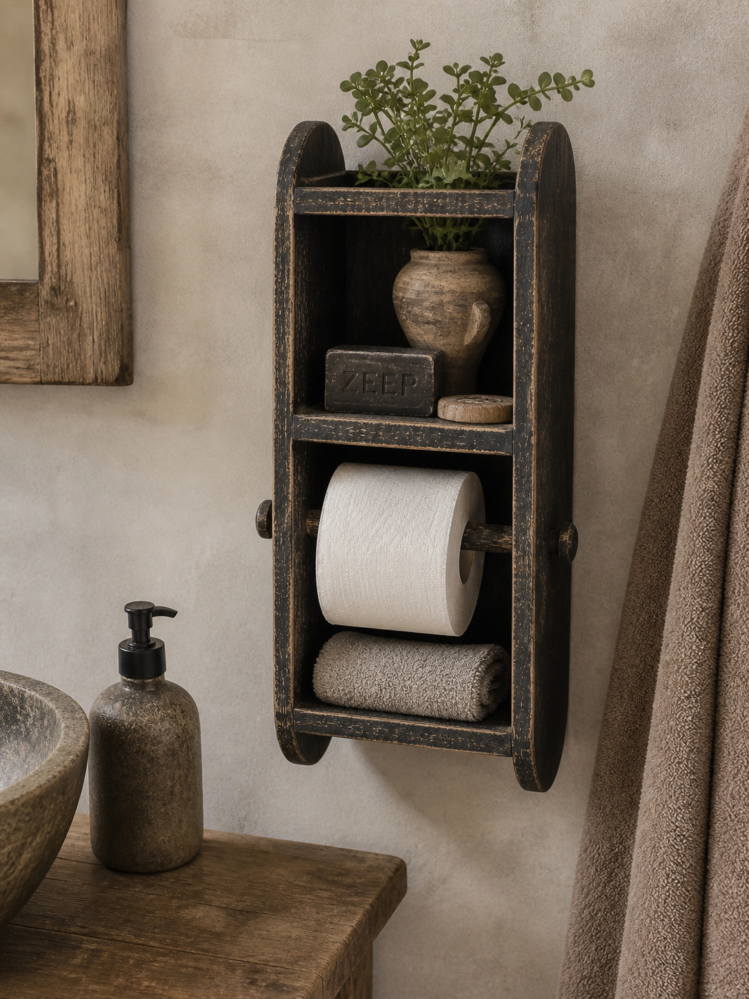 Houten WC Rol Houder 35x16x12 cm – Uniek Wandbakje met Vakken – Landelijke Toilet Accessoire