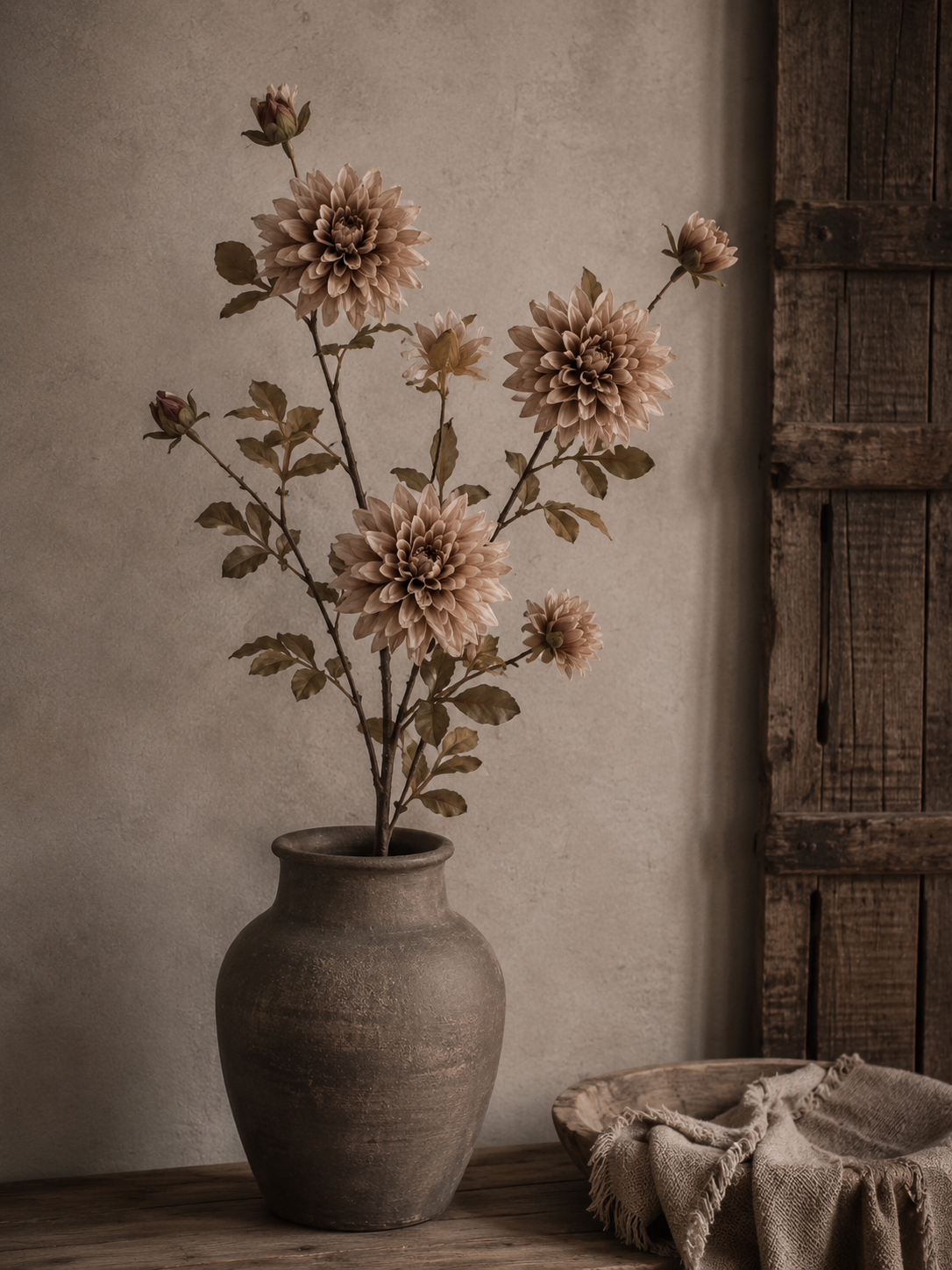 Kunstzijden Dahlia-tak Lichtbruin/Taupe – 98 cm