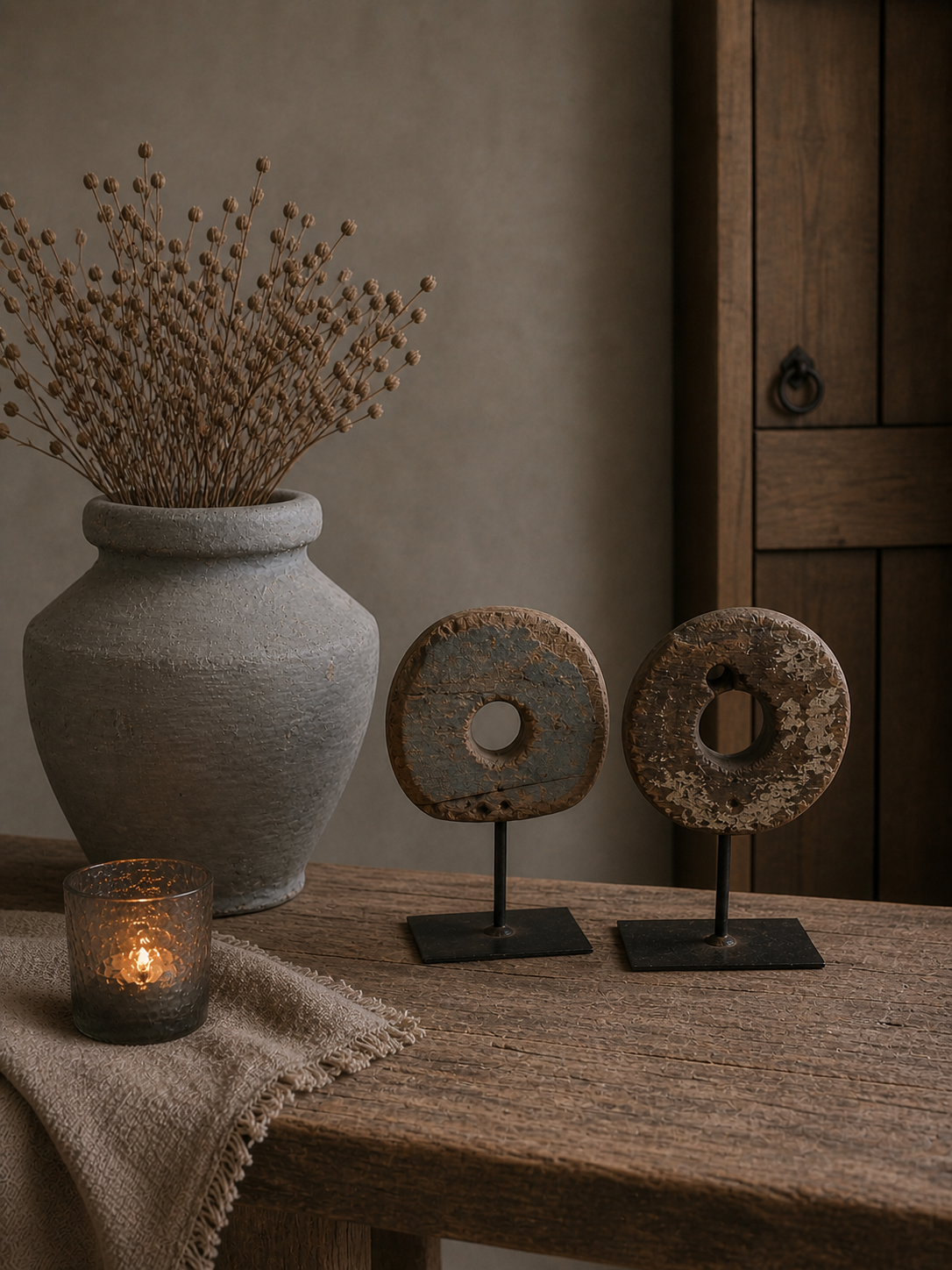 Houten Wiel op Statief – Authentiek Decoratieobject