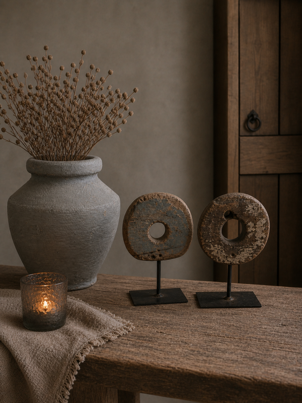 Houten Wiel op Statief – Authentiek Decoratieobject