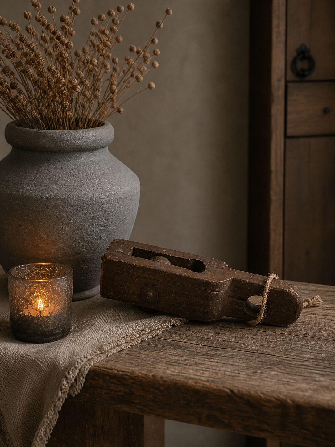Oude Houten Katrol 29 cm – Authentieke Vintage Katrol