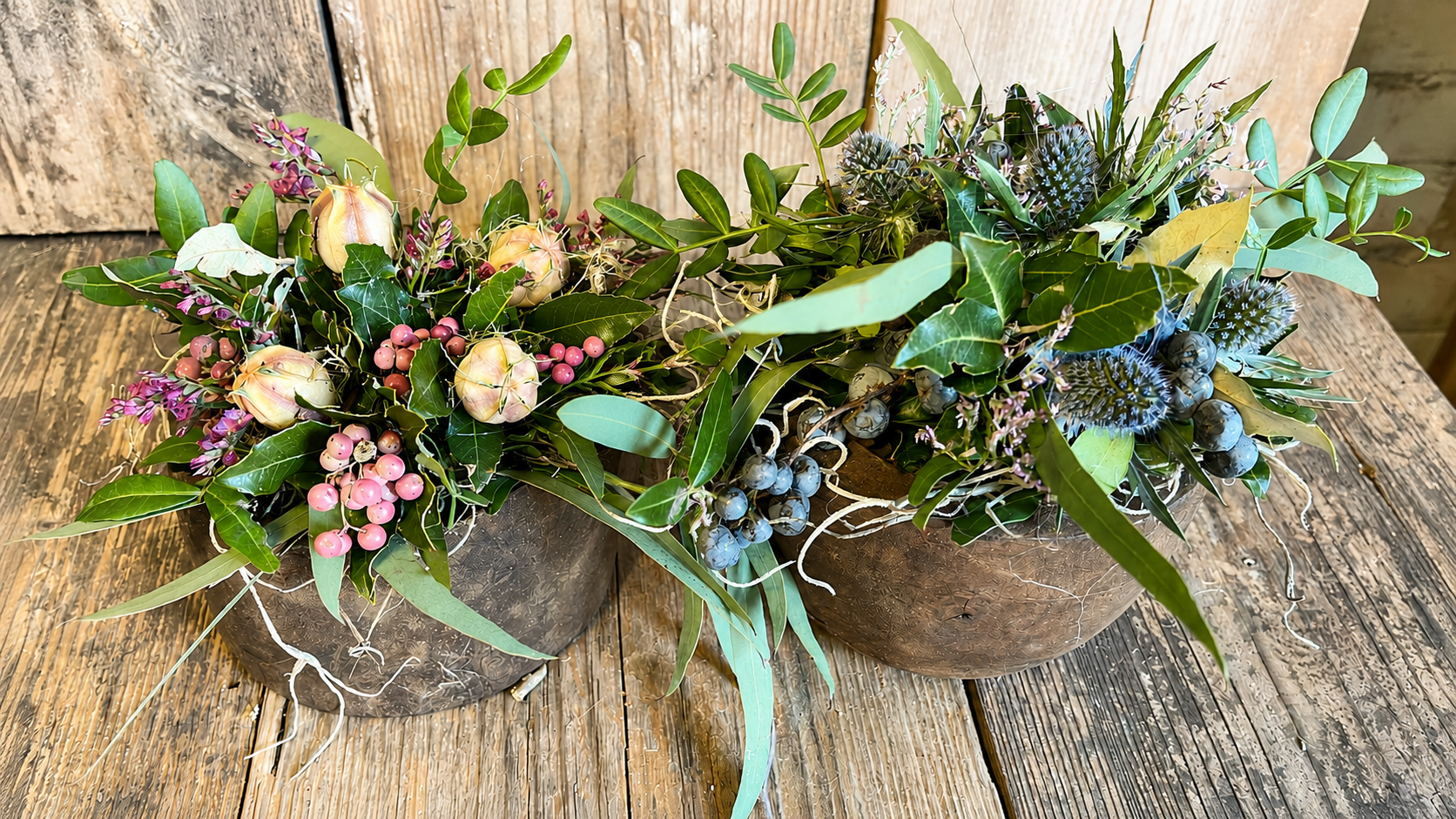 Landelijke Boeketjes in Potje – Eucalyptus, Distel & Rozenbottel