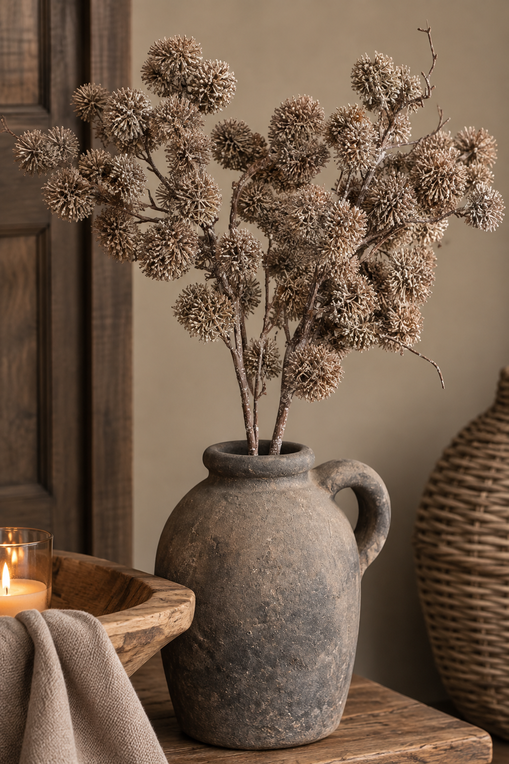 Kunsttak met bolvormige bloemhoofdjes bruin – 90 cm