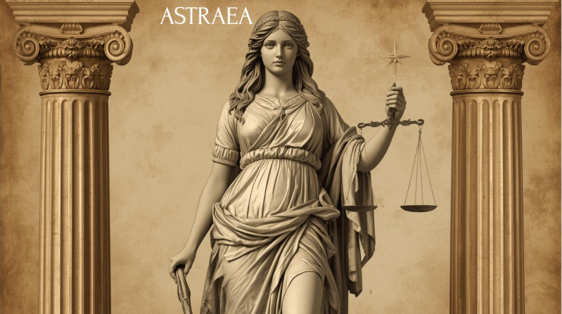 Sepia‑toned image of Astraea, the Greek goddess of justice and discernment, representing the Projector aura. She stands between classical columns, symbolizing penetrating vision, recognition, and deep energetic guidance.