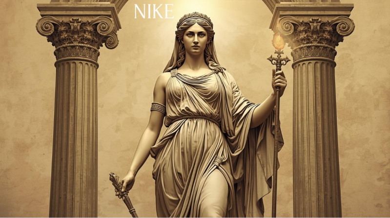 Powerful depiction of Nike, the winged goddess of victory, embodying the Manifestor aura. She appears dynamic and unstoppable, symbolizing initiation, impact, and sovereign forward momentum.