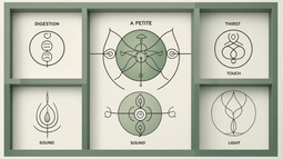 Abstract visual emphasizing holistic processing and the six determinations of the Primary Health System, with flowing lines and a harmonious green light cream color scheme