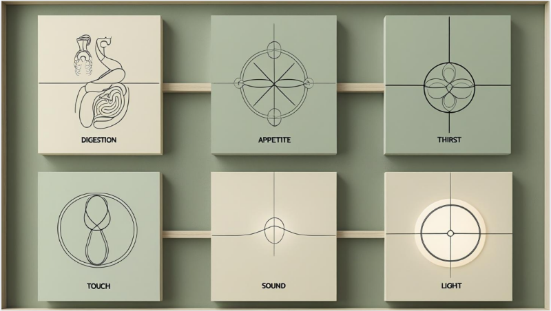 An infographic displaying six PHS Design Determinations, each with an icon: Digestion (digestive system), Appetite (fan-like symbol), Thirst (flower-like symbol), Touch (intertwined loops), Sound (wave), and Light (glowing circle
