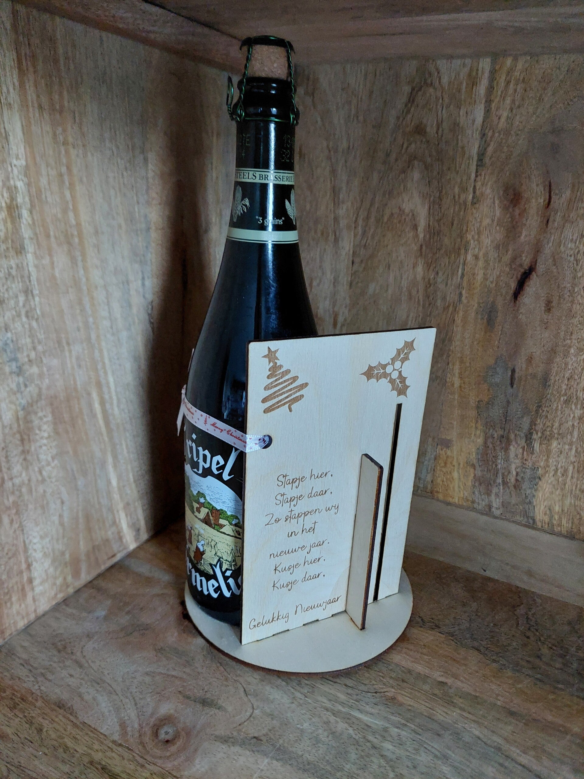 Hout gelaserde kadoverpakking voor fles bier (75cl)