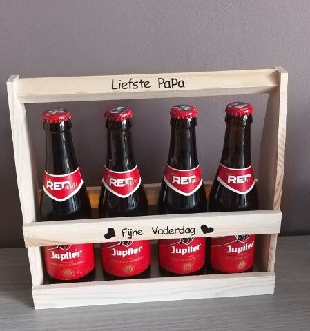 Bierflesjeshouder uit hout met tekst voor 4 flesjes 25cl
