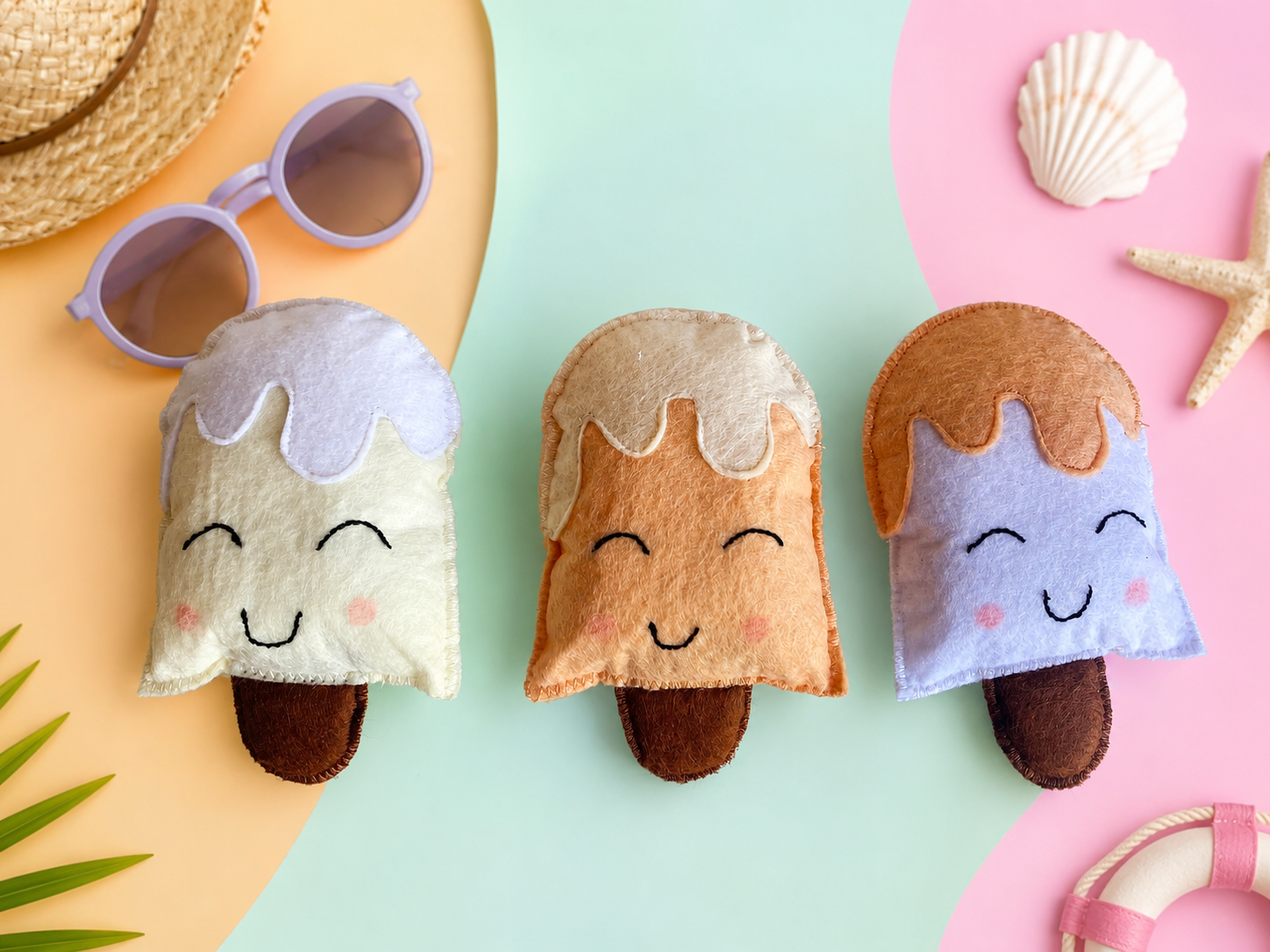 Lot de 3 glaces décoratives en feutrine – créations douces et colorées