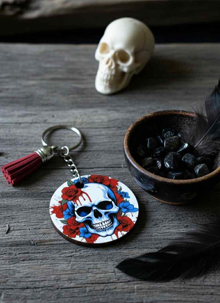 Porte-clés Tête de Mort et Fleurs - Style Gothique Romantique