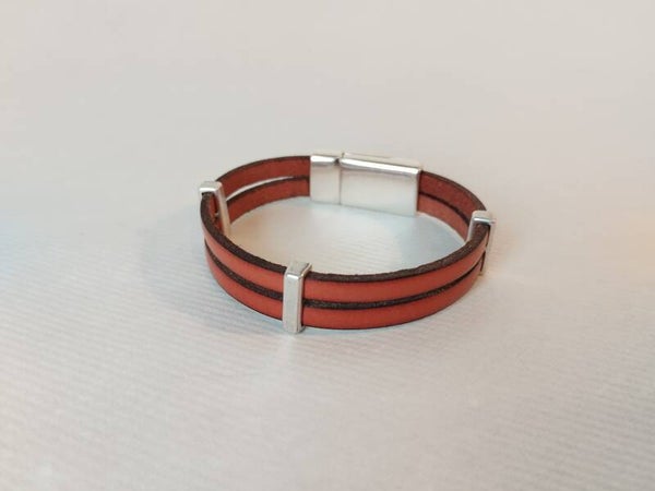 Bracelet en cuir noisette 2 bandes 5 mm passants rectangulaires