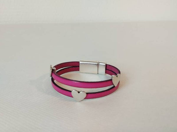 Bracelet en cuir 2 bandes rose 5 mm et passants coeur