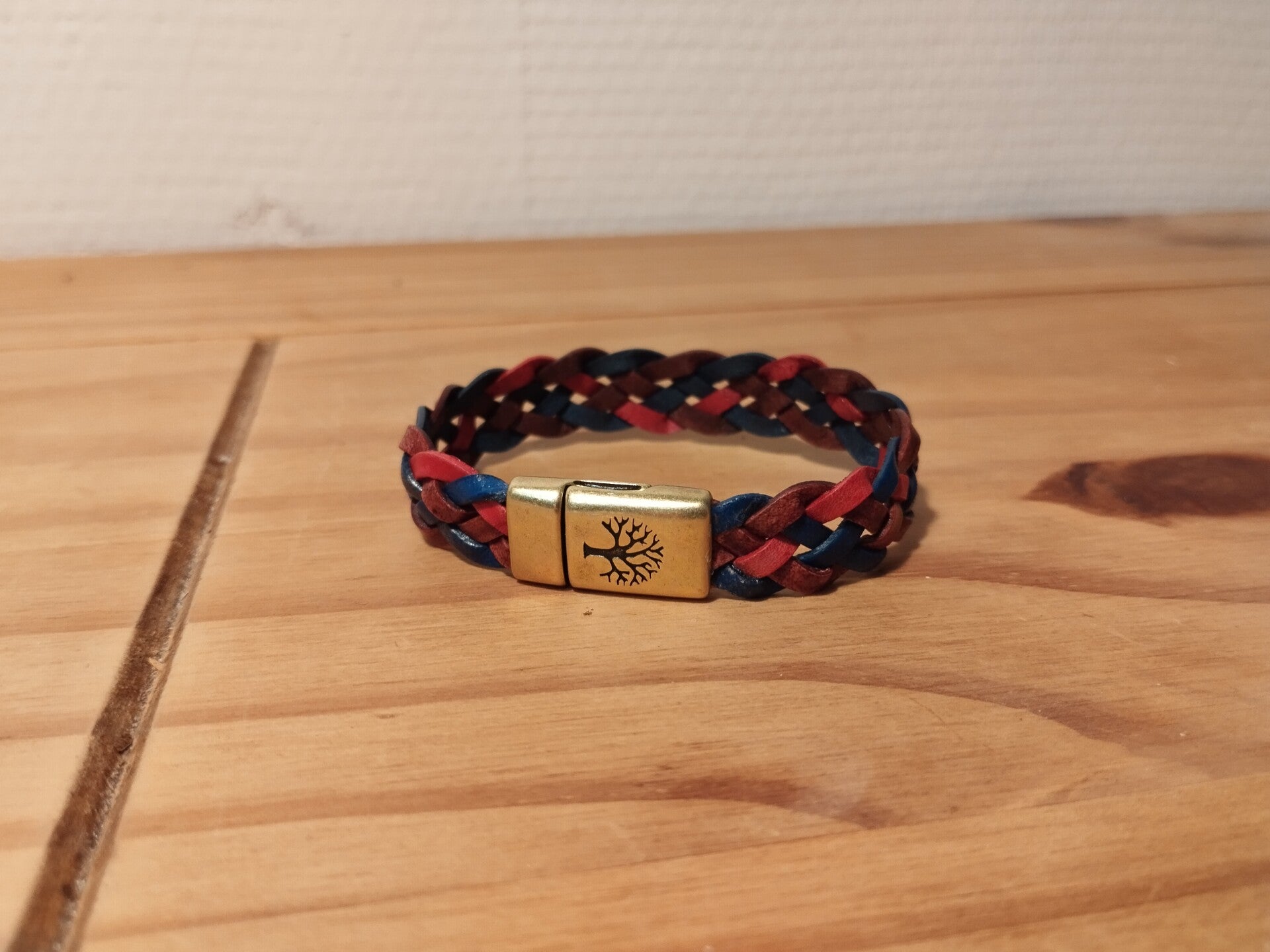 Bracelet en cuir tressé 5 brins beige/bleu - fermoir arbre de vie