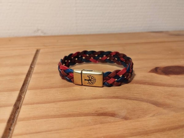 Bracelet en cuir tressé 5 brins beige/bleu - fermoir arbre de vie