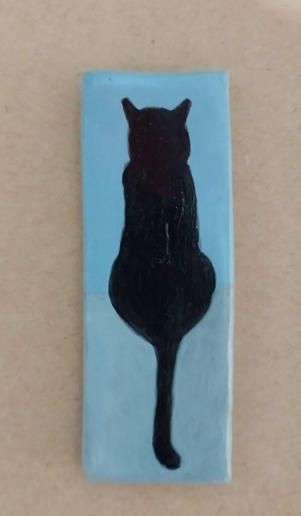 Magnet chat noir de dos fond bleu/beige
