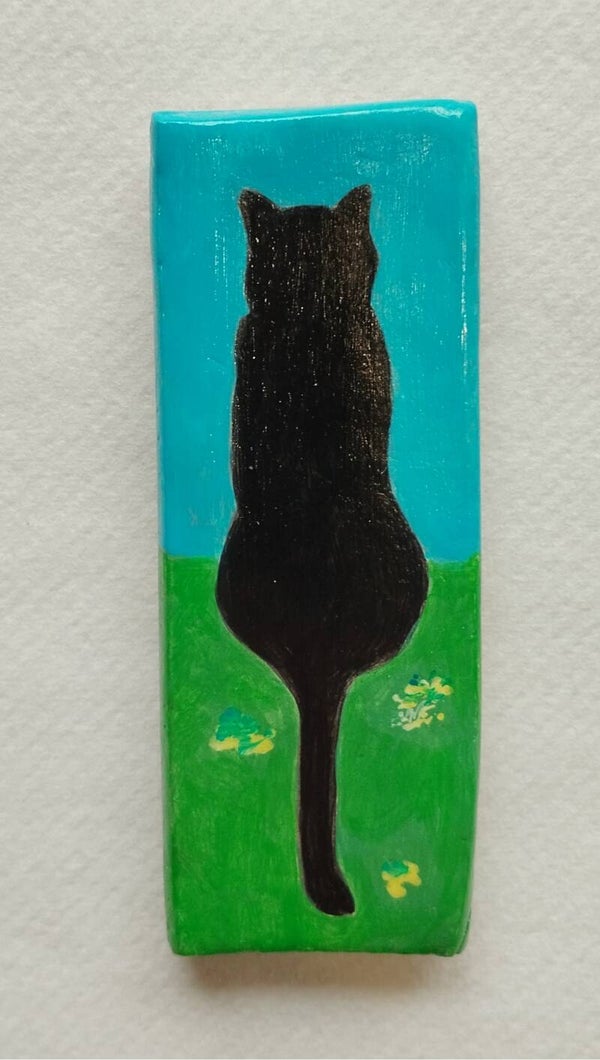 Magnet chat noir de dos fond bleu/vert