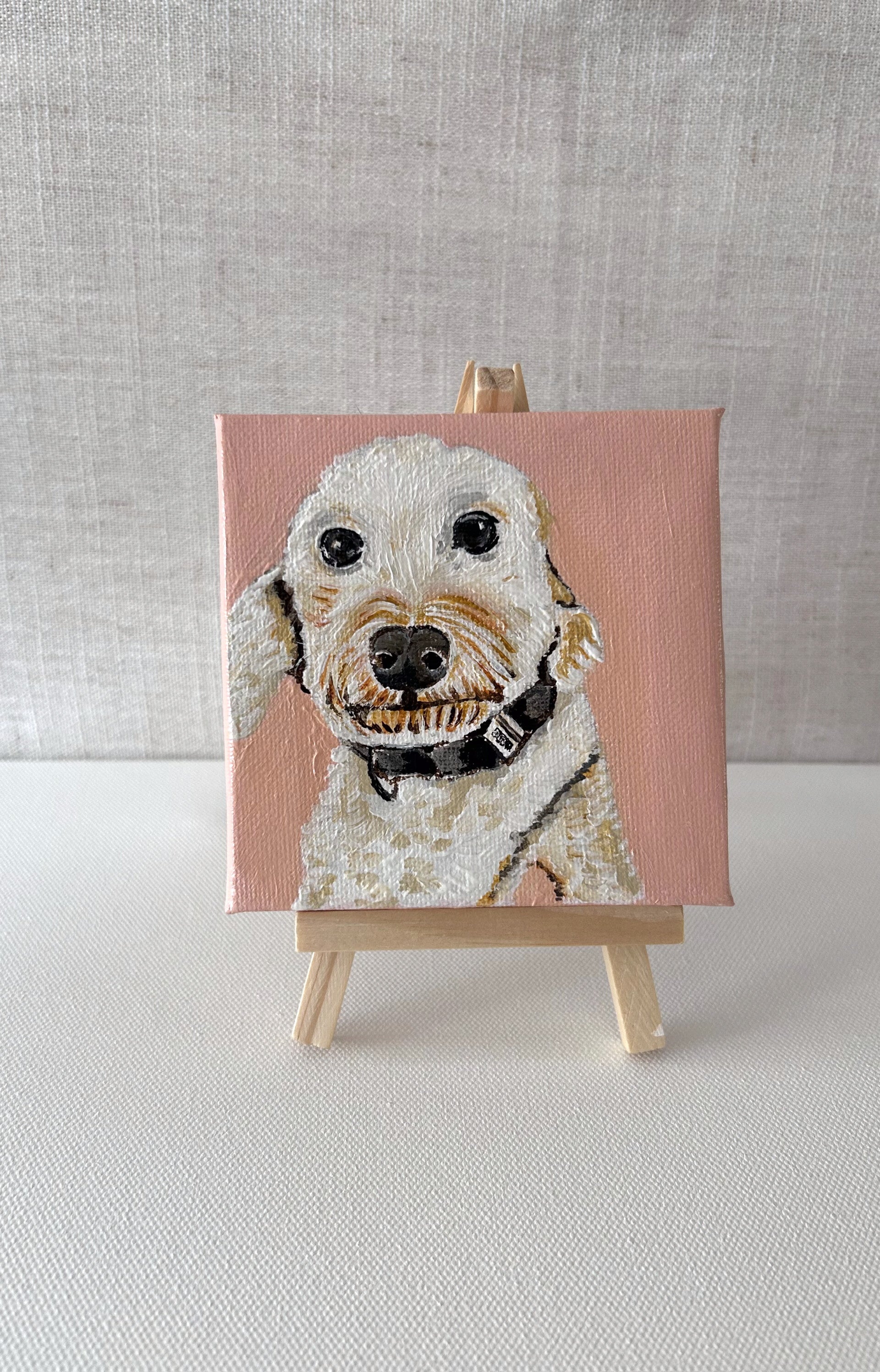Mini pet portrait painting on easel