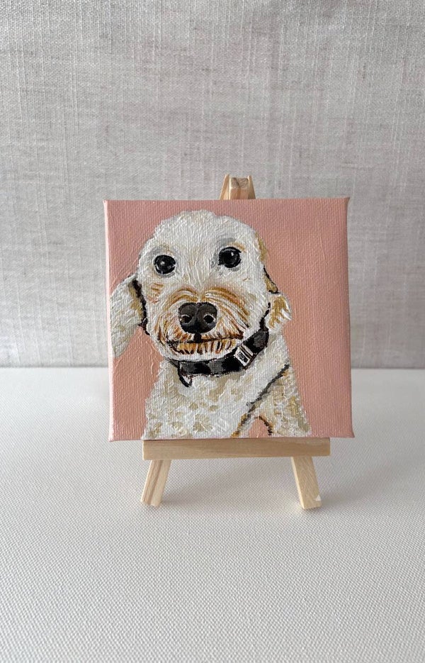 Mini pet portrait painting on easel