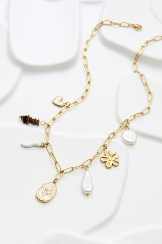 Collier charms doré en acier inoxydable avec pendentifs variés