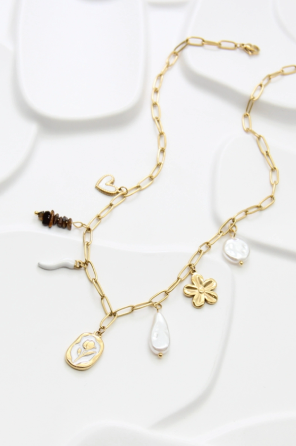 Collier charms doré en acier inoxydable avec pendentifs variés