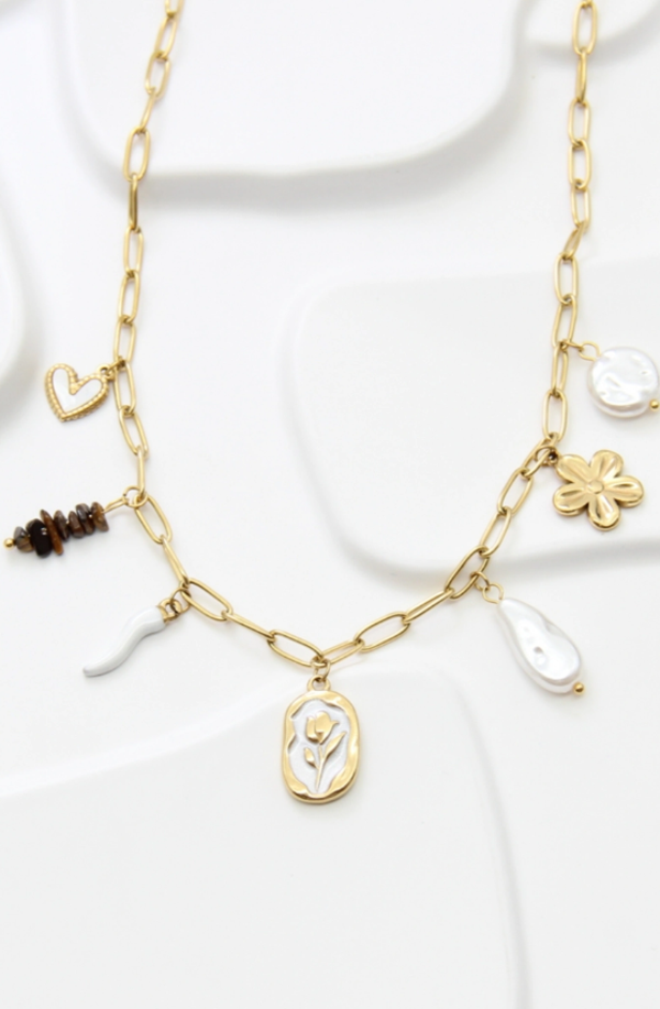 Collier charms doré en acier inoxydable avec pendentifs variés