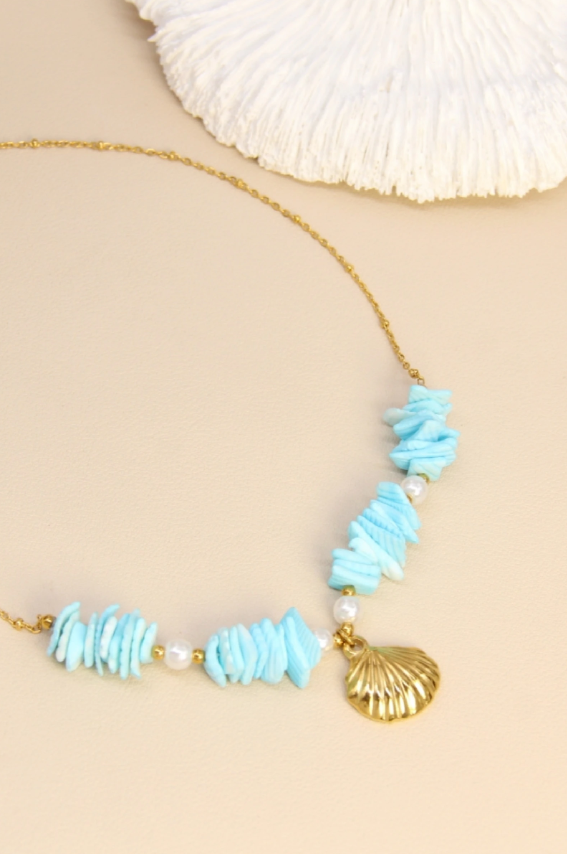 Collier coquillage doré & nacre bleue – Bijou d'été tendance