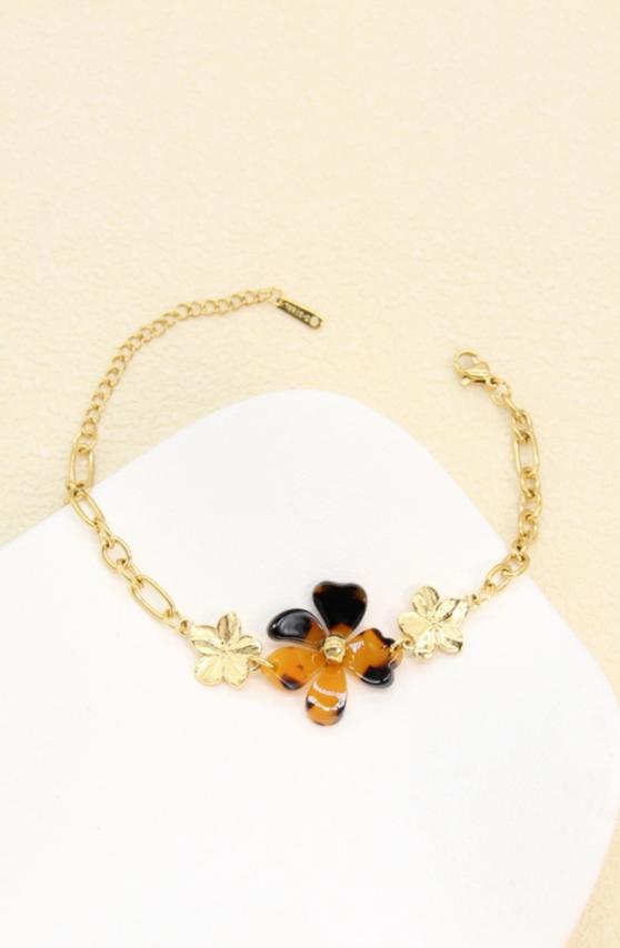 Bracelet Fleur Résine Effet Écaille et Fleurs Dorées – Chaîne Acier Inoxyd