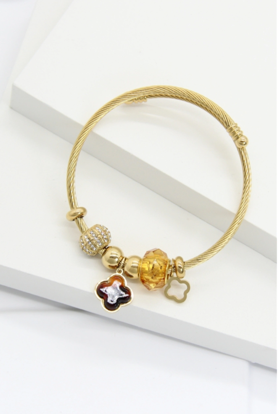Bracelet Femme Doré à Breloques Trèfle – Câble Rigide Fantaisie Chic