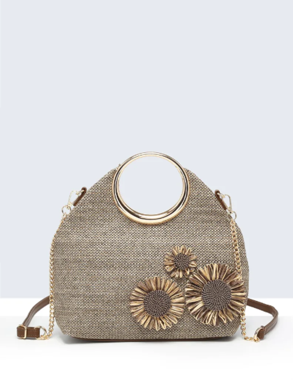 Sac à main en paille synthétique motifs fleurs avec poignée anneau en acier