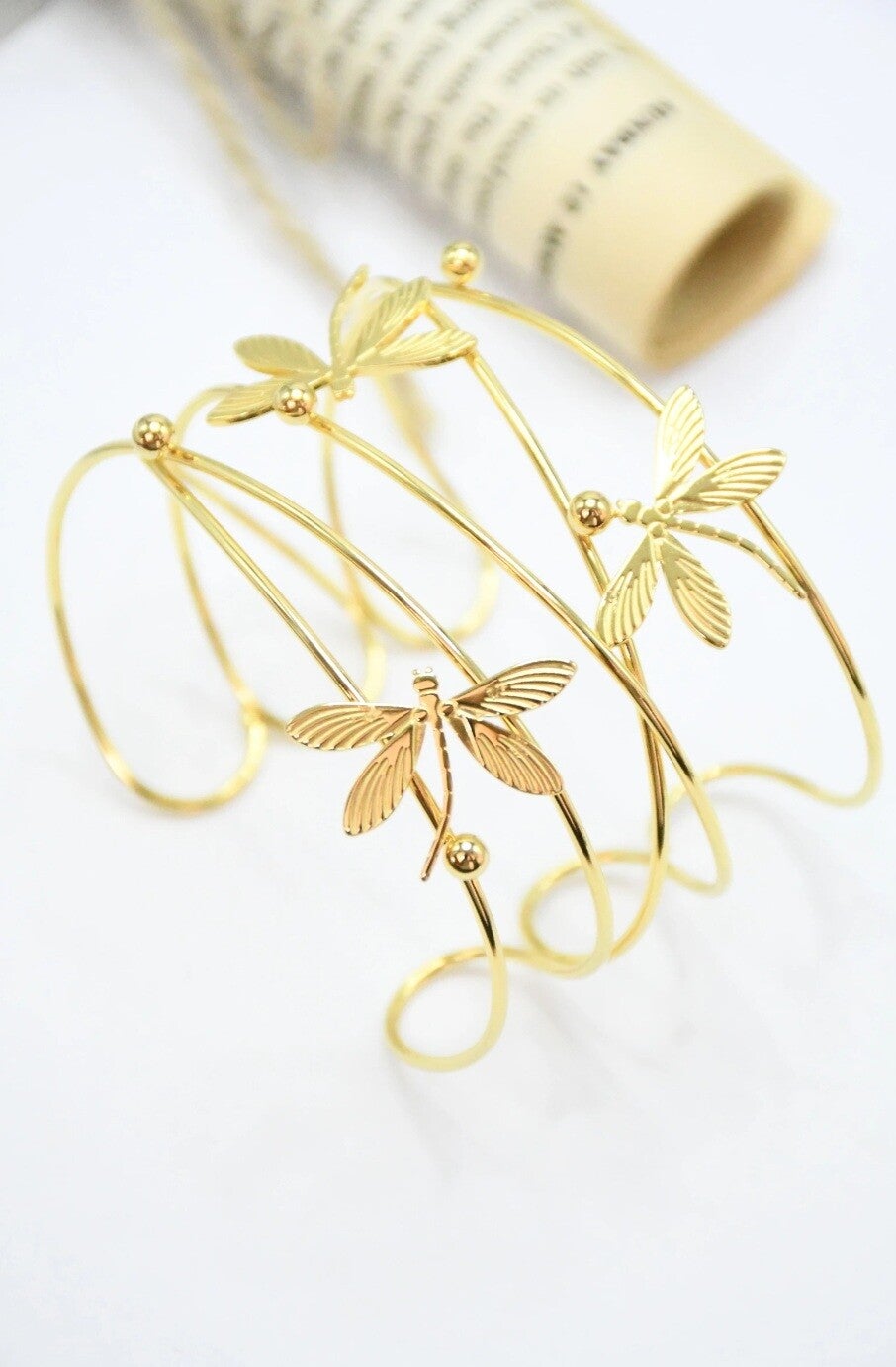 Bracelet manchette en acier inoxydable, motifs libellules