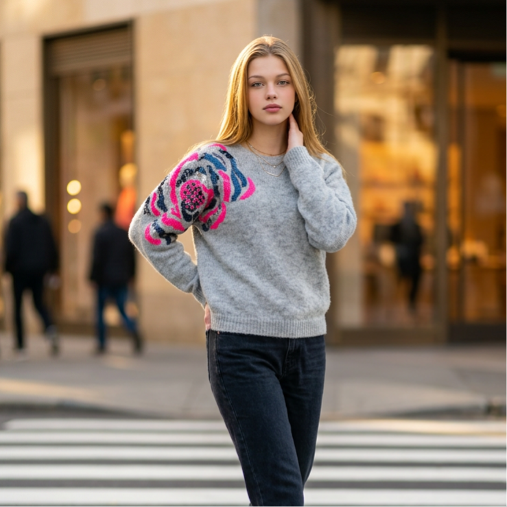 Pull Sarah gris sequins rose fluo