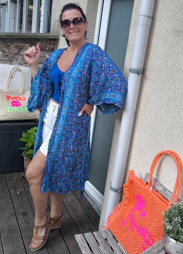 Kimono soie midi bleu roi